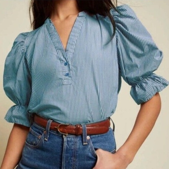 Nation Ltd Twyla Renaissance Sleeve Blouse Blue Striped Small - Picture 1 of 8